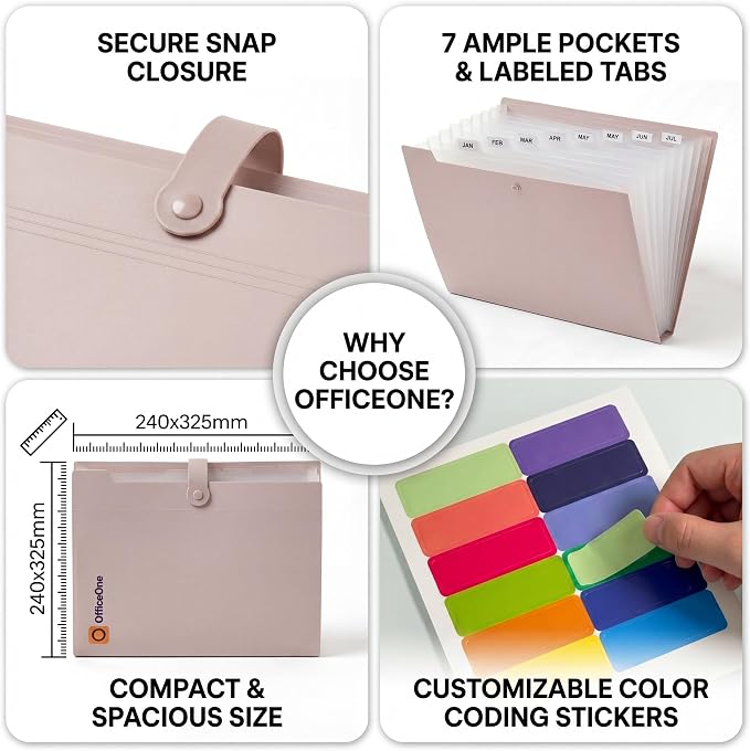 OfficeOne 8-Pocket Expanding File Folder, A4 Letter Size Accordion Document Organizer with Snap Closure, Labeled Tabs & Customizable Color-Coding Stickers, Home Office School (Soft Cream)