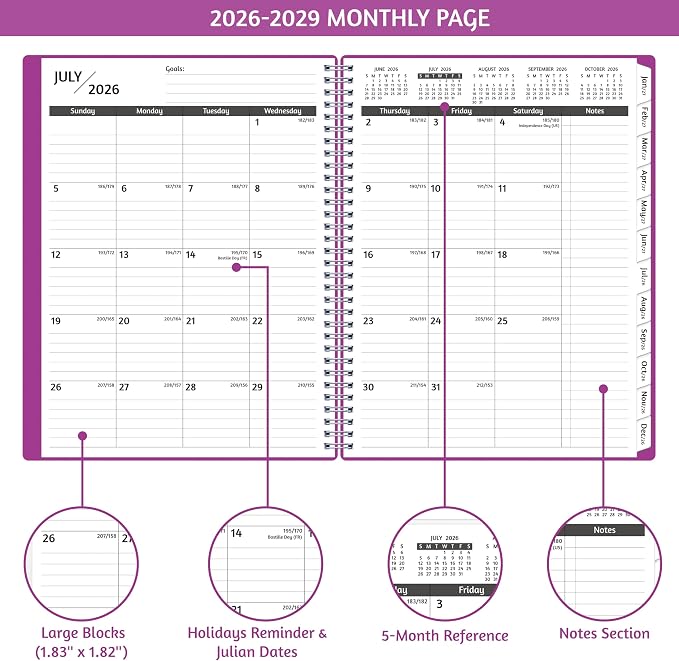 Monthly Planner 2026-2029, 36 Months Calendar Planner 2026-2029 from Jul 2026 – Jun 2029, 8.5'' x 11'' with Ruled Spread, Flexible Cover, Spiral Wirebound, Pocket, Coated Tabs, Notes ＆ Habit Tracker
