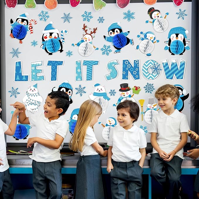 Naozinebi 53PCS 3D Winter Honeycomb Bulletin Board Snowflake Penguin Bulletin Board Set Christmas Party Supply Snowman Bulletin Board Let it Snow Paper Cutouts with School Classroom Wall Decor