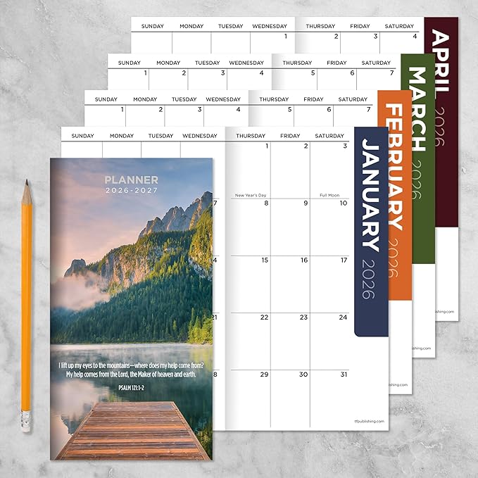 TF Publishing 2026-2027 Bible Small Monthly Pocket Planner with 2 Page Large Calendar Grid and Lined Notes Section - 2 Year Pocket Calendar 2026-2027 Perfect for Purse - 3.5in x 6.5in