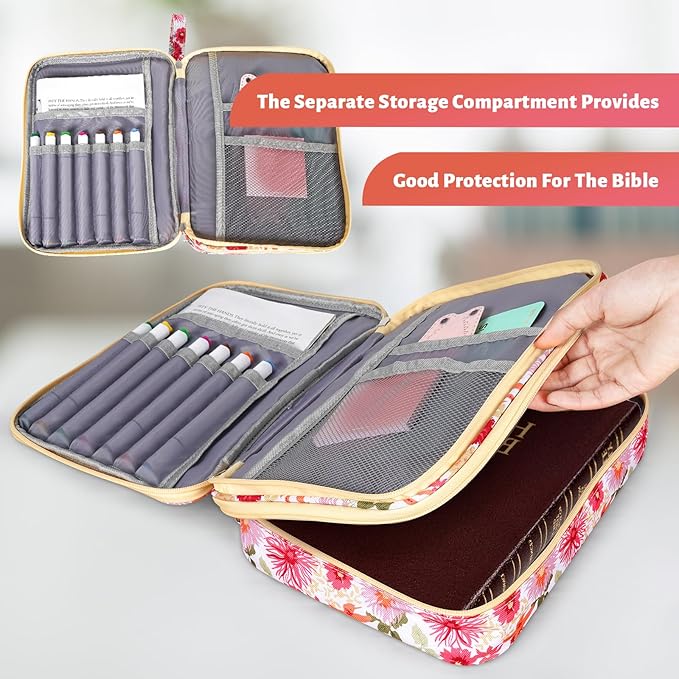 Bible Bag for Girls Organizer - Dual Zipper Compartments with 7 Pen Slots for Church Bible Study, Christian Gift for Teen (Floral)