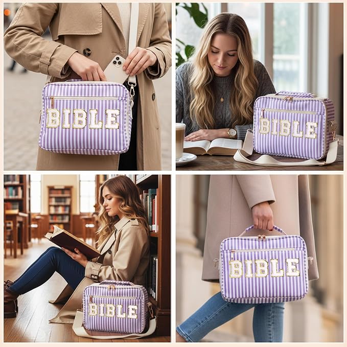 Dansydaisy Bible Cover Case for Women Large Chenille Letter Stripe Church Bible Bag with Shoulder Strap for Women (Purple)
