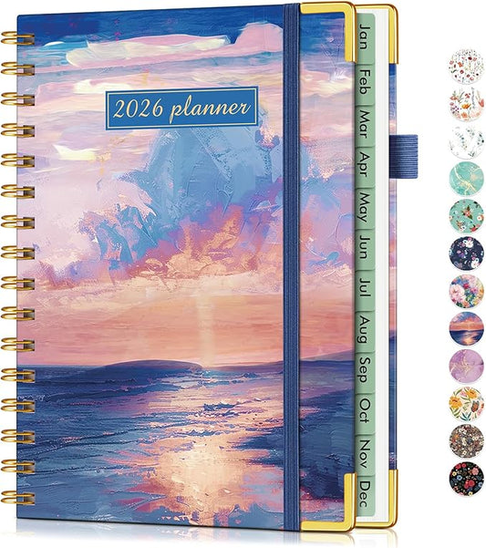 2026 Planner, Hardcover Weekly and Monthly Planner for Women, January 2026 - December 2026, Spiral Yearly Agenda Organizer Book 2026 with Tabs, Daily Calendar Planners for School Work Home, A5 (5.75" x 8.38"), Seaside Sunset