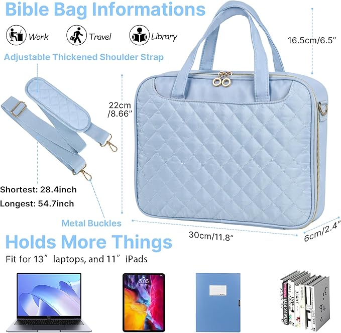 PUGPIU Bible Cover Case for Women, Large Quilted Bible Bag with Shoulder Strap and Handle, Bible Study Supplies Journaling Kit with Highlighters Pens No Bleed Tabs Notebook Cross Clips (Light Blue)