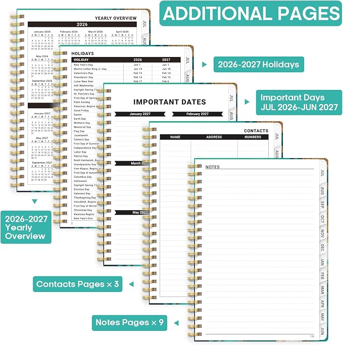 Academic Planner 2026-2027, Weekly and Monthly Calendar Book, July 2026 – June 2027, Hardcover Planner with Tabs, Perfect for Teachers, Students, Women & Men, A5 (6.4" x 8.5") - Ocean