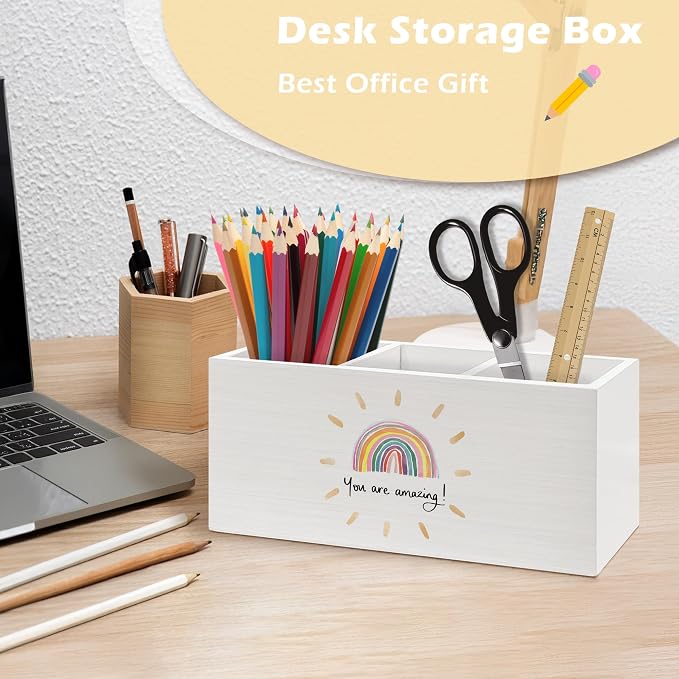 Inspirational Boho Rainbow Pen Holder Organizer Desk Decor, Boho Classroom Decor, Motivational You Are Amazing Wooden Pen Pencil Holders for Kids Room Playroom Desk Accessories