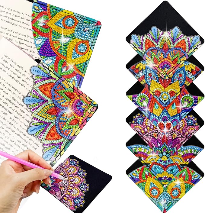 6 Pcs Diamond Painting Bookmark, DIY Corner Book Makers for Adults Book Lovers, Diamond Dot Art Beginner, Small Diamond Art Kits, Paint by Art Crafts Gift for Women Girls (Mandala 6 Black)