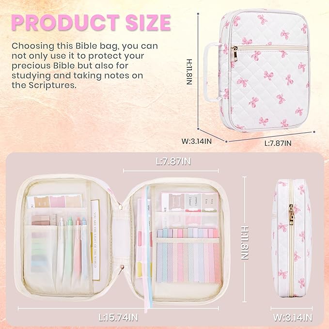 Large Bible Cover for Women, Durable Quilted Tote Bag with Handles, Bible Carry Case for Girls, Bible Study Supplies Accessories (Pink)