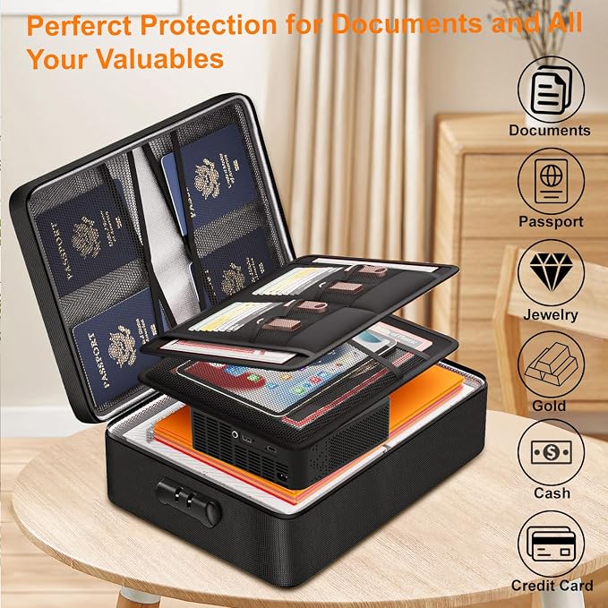 Fireproof Document Box, Multi-Layer Heat Insulated Fire and waterproof office bag with lock，Portable family outdoor travel bags are suitable for storing important documents and valuable.