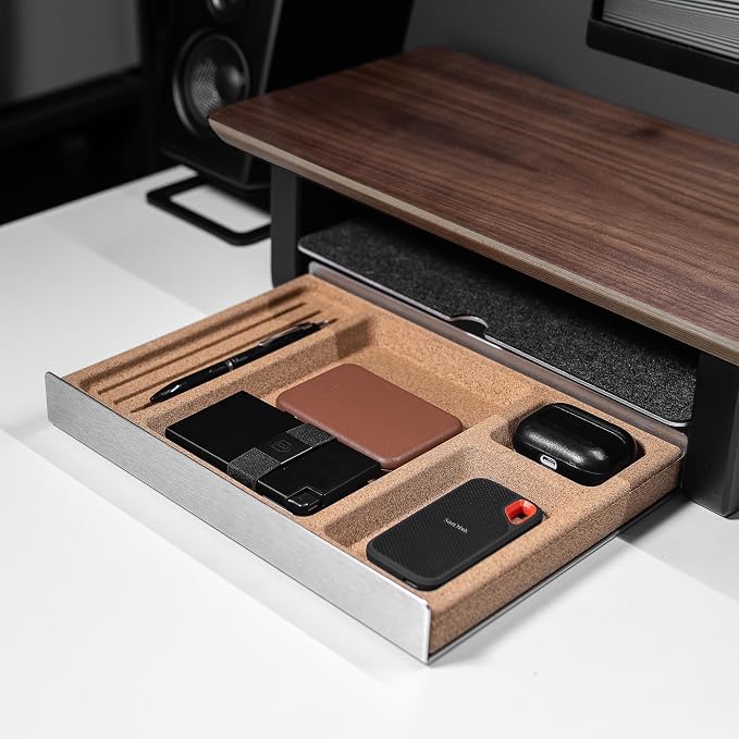 Desk Tray Organiser Drawer with Compartments Cork & Aluminium Catchall Valet Pen Tray for Cockpit Setup Desktop Storage Stationery Organizer (Light)