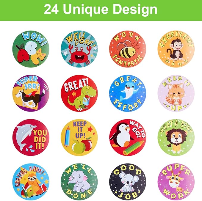 Outus 3 Rolls Motivational Stickers for Kids, 1500 Pcs Inspirational Cartoon Reward Stickers Teacher Supplies for Potty Training School Classroom Students Prizes, 24 Designs(Vivid Style)