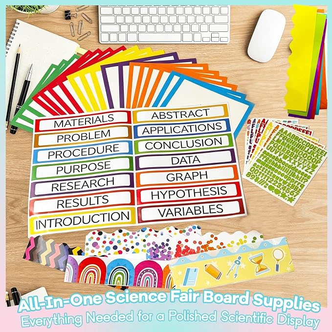 Science Fair Board Supplies 98 Pcs Includes 24 Presentation Boards 60 Trim Scalloped Bulletin Borders 8 Science Fair Titles 5 Letter Stickers 1 Double-Sided Tape for Scientific Display (Multicolor)
