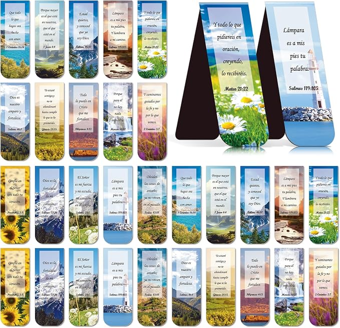 Wxiben Spanish Christian Magnetic Bookmark - 30PCS Bible Verse Magnetic Bookmarks Scripture Scenery Book Marks Inspirational Religious Book Mark Magnets Page Marker Clip for Students Teacher Reading