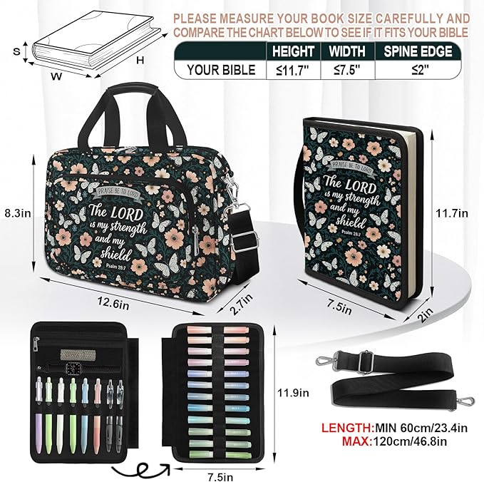 Butterfly Floral Bible Cover Case for Women Bible Study Supplies Accessories Boho Church Bag Christian Gift Book Carrying Case with Shoulder Strap Handle Journaling Kit Large Bible Book Sleeve