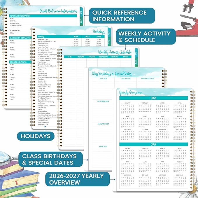 2026-2027 Teacher Planner, July 2026 - June 2027, Lesson Planner 2026-2027, 8.5" x 11", Colorful Monthly Tabs, Spiral Bound