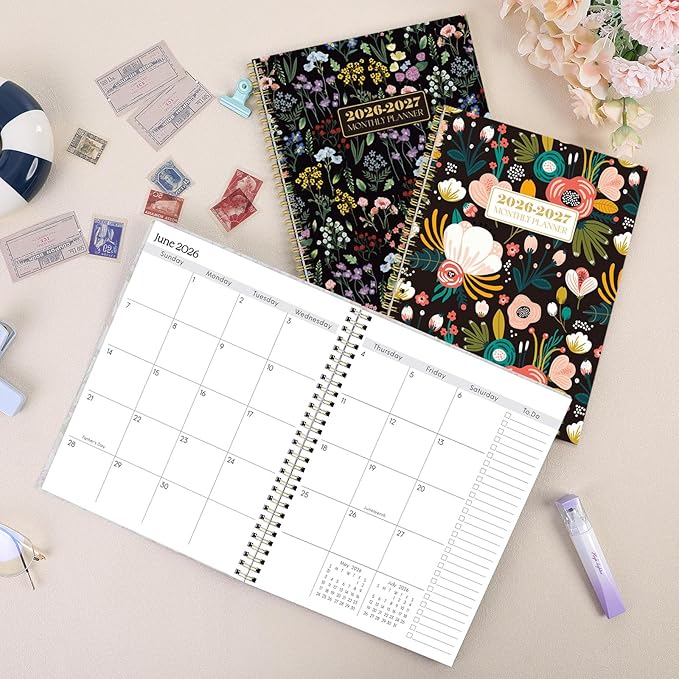 SKYDUE Monthly Planner 2026-2027, 24 Months Calendar Planner 2026-2027, 7.5" x 10" B5 Planner, Twin-wire Spiral Bound, Durable Waterproof Cover, Thick No-Bleed Paper, BlackFloral