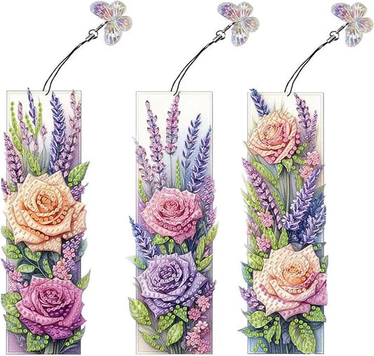 3pcs Flower Diamond Art Bookmarks, Rose Diamond Painting Bookmark Kits for Adult,DIY Gem Art Small Crafts with Rhinestone Tassel,Paint by Diamonds for Graduation Birthday Reader Gifts (flower-021)