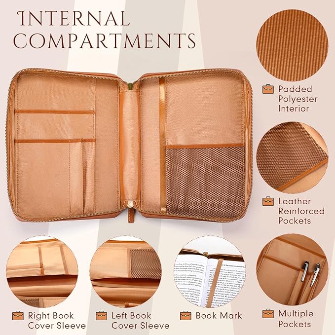 Top Grain Leather Bible Cover for Men Women Buffalo Genuine Leather Bible Case Book Holder Church Bag with Zipper Handle Back Pocket Bookmark Father's Day Religious Gift(Light Brown,Large)