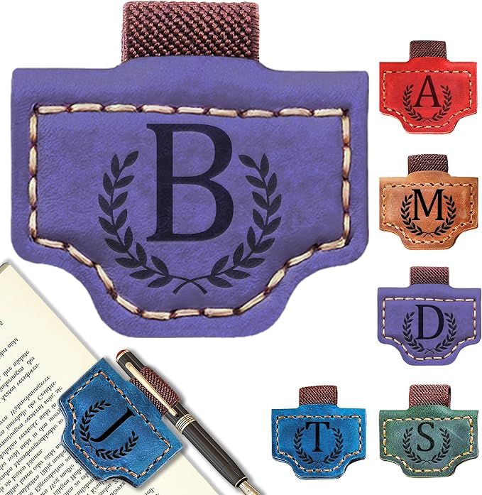 Personalized Leather Magnetic Bookmark with Pen Holder, Bookmark 26 Letters Name Initial Bookmarks for Readers, Book Lover Gifts for Women Men Notebook Accessories (Purple, B)