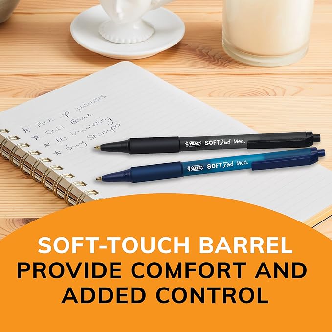 BIC Soft Feel Black Retractable Ballpoint Pens, Medium Point (1.0mm), 36-Count Pack, Black Pens With Soft-Touch Comfort Grip, Pack of 12
