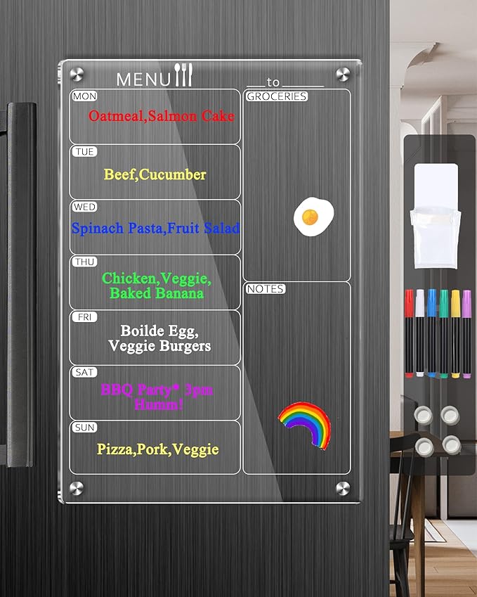 Magnetic Menu Board for Kitchen, Clear Acrylic Weekly Meal Planner Magnetic Calendar for Refrigerator Fridge Dry Erase Board Noteboard to Do Grocery Shopping List, 12x8’’