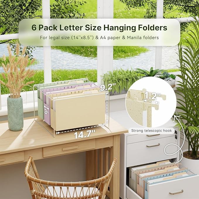 XINGIA Legal Size Hanging File Folders with Tabs,Extra Capacity 3" Expandable Plastic Hanging Files Folders for Bulky Files,6 Pack Wheat Straw Filing Cabinet Folders for Office School,Assorted Colors