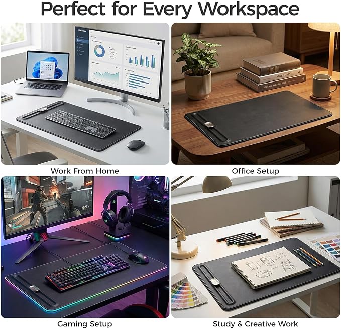 Premium Double-Sided Faux Leather Desk Pad – Non-Slip, Waterproof, with Magnetic Cable Organizer & File Storage – Designed for Offices & Creative Spaces – Durable & Easy to Clean（Black）
