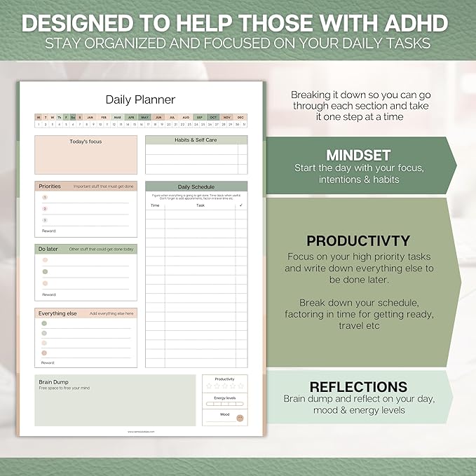 ADHD Daily Planner Notepad for Neurodivergent Adults - Productivity Daily Planner Desk Pad & Task Management to Stay Organized and Focused Note Pad (Green, A4)