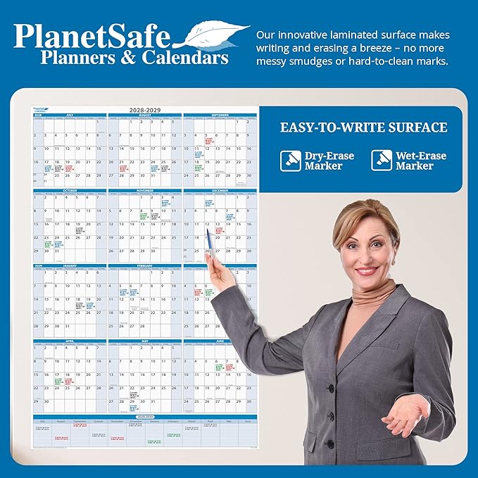 Fiscal/Academic Split Year July 2038 to June 2039 Vertical 12 Month Wall Calendar 36" x 24" - Dry & Wet Erasable with Next Year Planner Area. Complete with Fine tip Dry-erase Marker and Eraser