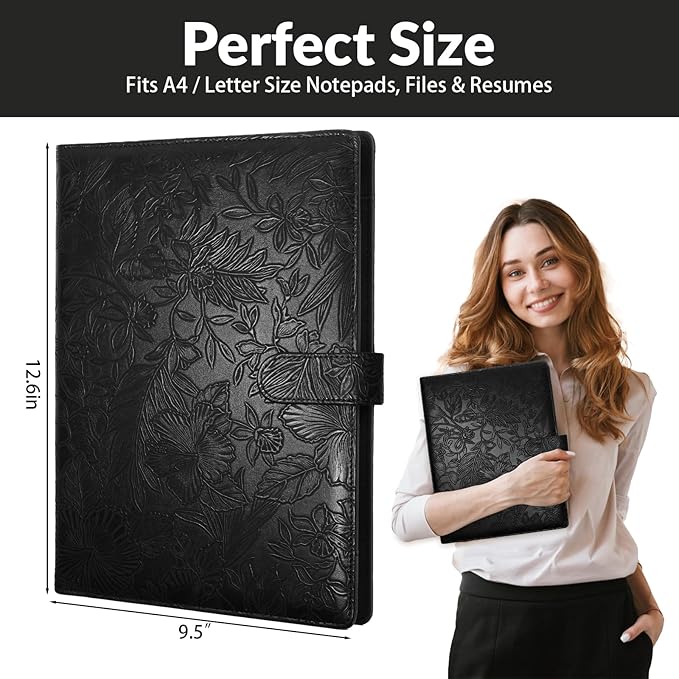 Professional Padfolio Portfolio Binder, Textured Embossing Faux Leather Folder Organizer for Letter Size Legal Pad Notepad Resume, Card Holder for Women Men Business Office Conference (Black)