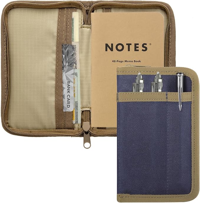 KOSIBATE Pocket Notebook Cover for Field Notes, Waxed Canvas Journal Cover with Zipper & Pen Holder, Tactical EDC Notebook Holder Fits 3.5"x5.5" Moleskine Cahier, Travel Journal Organizer
