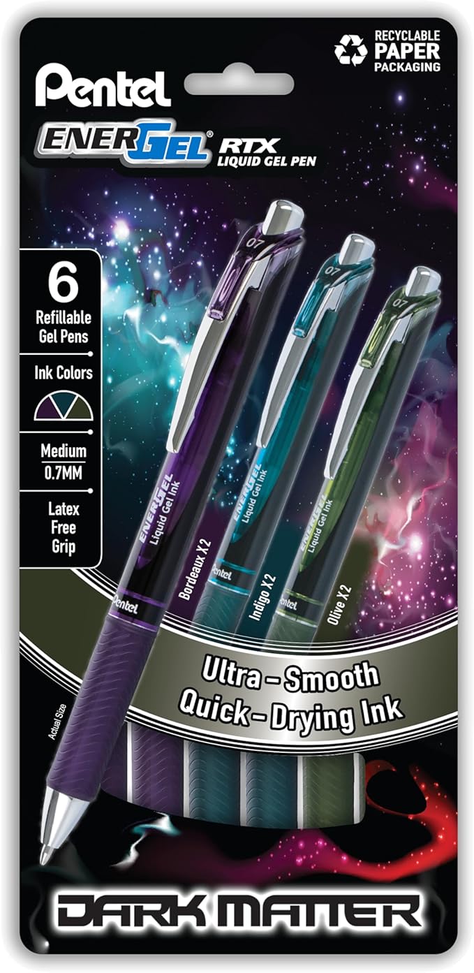 Pentel EnerGel RTX Dark Matter Liquid Gel Pen, (0.7mm), Assorted Dark Ink Colors, Pack of 6 (BL77DMPF6M)