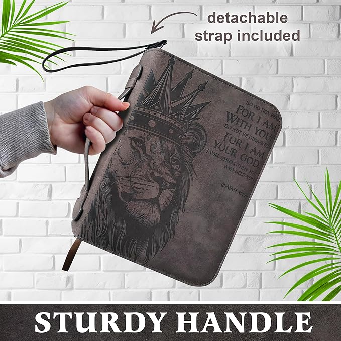 | Lion of Judah Bible Cover for Men & Women | Large Vegan Leather Bible Case with Pen | Fits Thick Study Bibles up to 10" L x 7" W x 2" H | Christian Gifts (Gray)