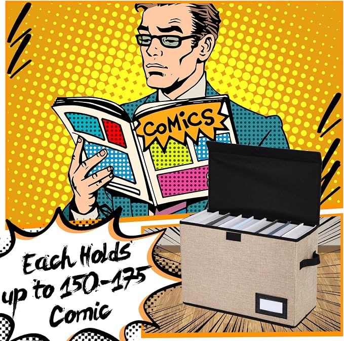 Chuangdi 6 Pcs Comic Book Storage Boxes, Back to School Collapsible Comic Short Box Case with Lid, 15.8 x 7.9 x 11.4 Inch Book Bin Container Holds 150 Comics(Beige)
