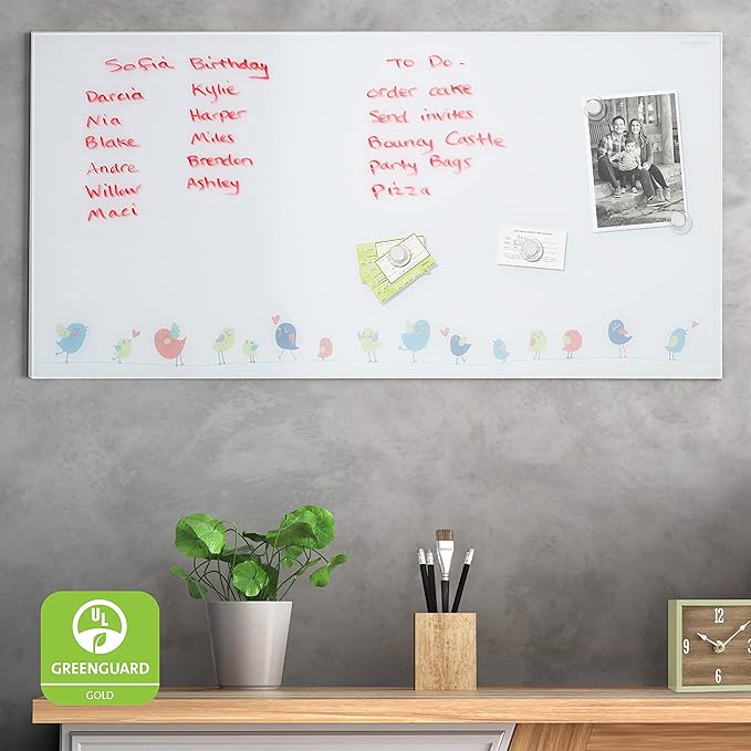 ECR4Kids MessageStor Magnetic Dry-Erase Glass Board with Magnets, 18in x 36in, Wall-Mounted Whiteboard, Birds