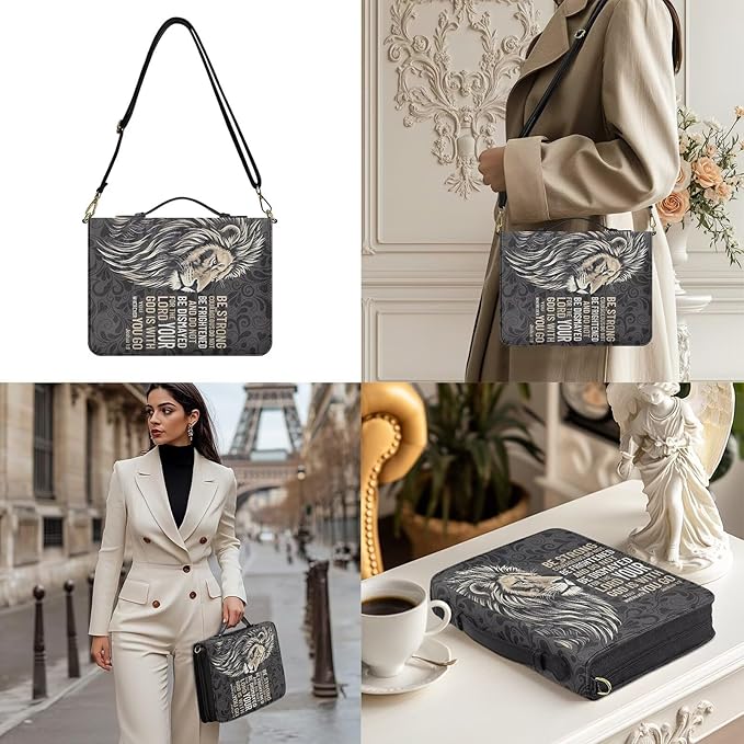 Extra Large Bible Cases for Men, Black Bible Carrying Case with Strap and Handle, Lion Print Joshua 1:9 PU Leather Book Carrier with Inner Pockets and Pen Loop, Biblia Accessories Women