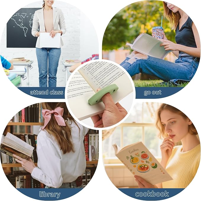 Book Page Holder, Silicone Book Thumb Page Holders for Reading Hands Free, Book Lovers Gifts & Book Accessories, 2 Pack (Small Size, Off White - Green)