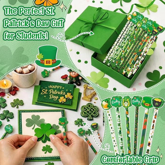 Gersoniel 36 Pcs St. Patrick's Day Pencils Set 18 Green Shamrock Pencils 18 Irish Rubber Erasers Clover Leprechauns Wood Stationary for Kids Party Favors Office School Classroom Gift Exchange (Irish)