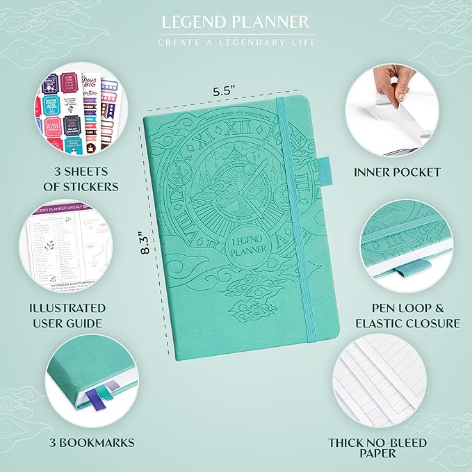 Legend Planner – Undated Weekly & Monthly Life Planner to Hit Your Goals & Live Happier, Organizer Notebook & Productivity Journal, A5 (Aquamarine)