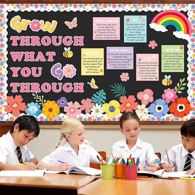 Spring Bulletin Board Decorations Positive Flower Bee Butterfly Paper Cutouts Motivational Grow Through What You Go Through Bulletin Board Set for School Classroom Chalkboard Wall Decoration Favor