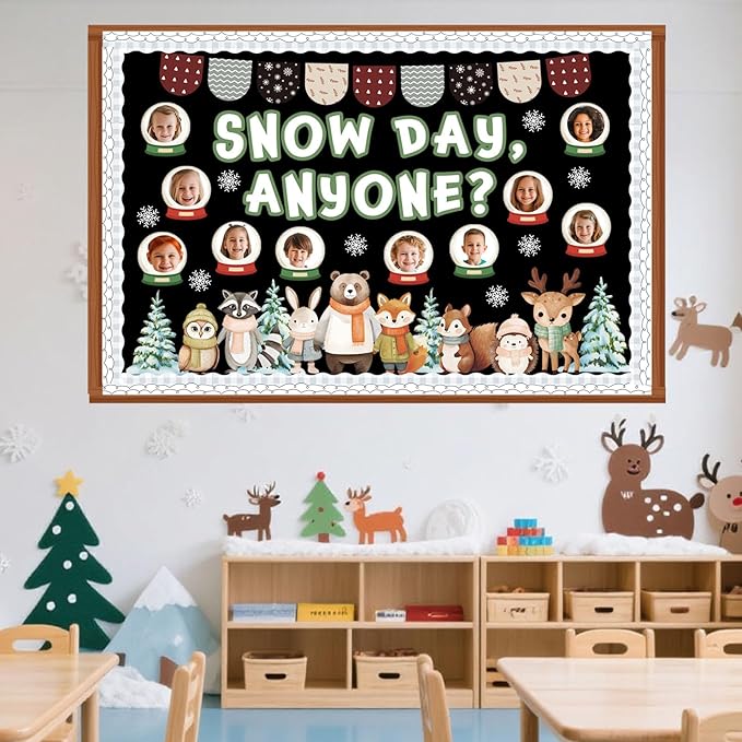 Funrous 68 Pcs Winter Woodland Bulletin Board Decoration Set DIY Photo Forest Animal Classroom Bulletin Board Snow Day Cutouts for Xmas Winter Holiday Party School Classroom Wall Decorations