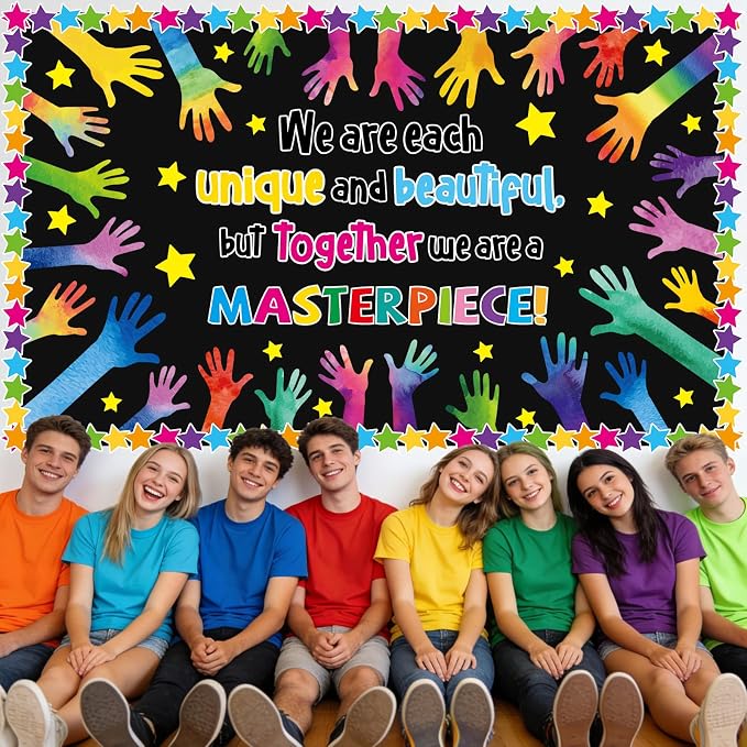 We are Each Unique Bulletin Board Set Summer Colorful Handprint Themed Classroom Decoration Back to School Bulletin Board Motivational Handprint Cutouts for Kindergarten School Chalkboard Wall Decor