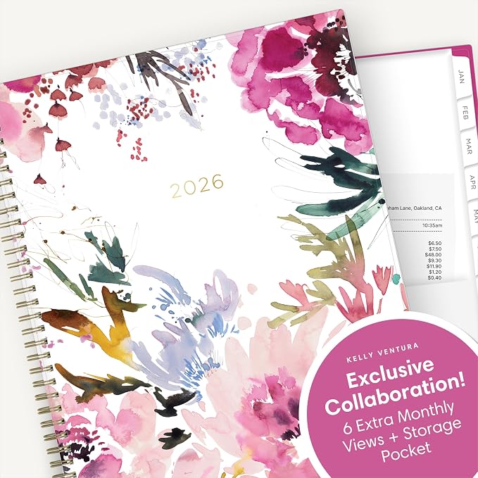 Blue Sky Kelly Ventura 2026 Weekly and Monthly Planner Calendar, January 2026 - December 2026, 8.5" x 11", Flexible Cover, Laminated Tabs, Durable Twin Wire Binding, Storage Pocket, Magenta Blooms