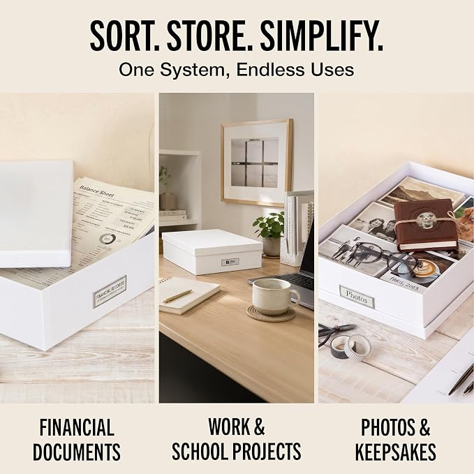 Bigso Oskar Fiberboard Label Frame Document Letter Box - File Organizer Box for Important Paperwork - Durable Document Storage with a Lid & Metal Label Window - 3.3 in x 10.2 in x 13.8 in - White