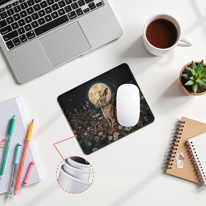 Vintage Floral Easter Bunny Full Moon Mouse Pad, Mystical Dark Cottagecore Wildflower Botanical Hare Mouse Pad for Home Office Computer Gaming Desk Accessories, 9.5x7.9 Inch