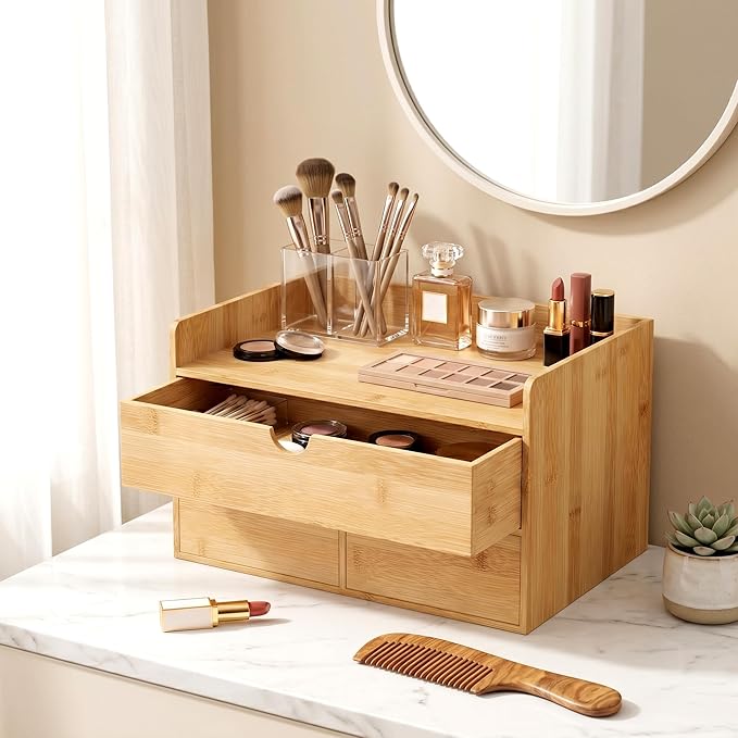 Desk Organizer with Drawers - Bamboo Desktop Organizer Storage | Wood Desk Drawers Organizer for Bills, Office Supplies, Cosmetics, Seals No Assembly Required