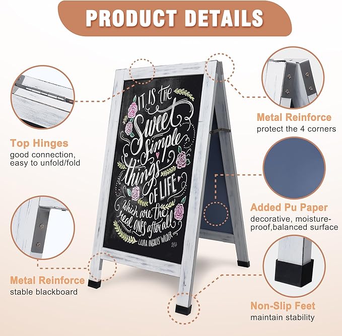 SELEAD Solid Wood A-Frame Chalkboard - 40" x 20" Magnetic Sandwich Board Signs Outdoor Standing Chalk Board Easel Sidewalk Pizarra for Wedding, Business, Party - Rustic White