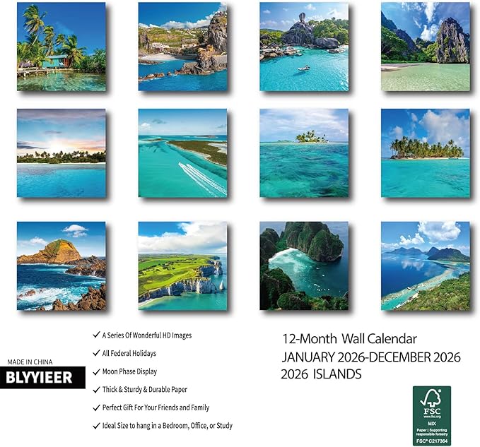 2026 Wall Calendar Islands, 14 Months Hangable Wall Calendars, 12" x 24" (Open), Thick Glossy Paper, Organizing & Planning
