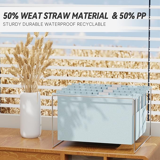 XINGIA Extra Capacity Wheat Straw Hanging File Folders Legal Size,2 Inch Expanding Pocket Folder Heavy Duty,12 Pack Reinforced Plastic File Organizer for Bulk Files/Medical Charts(Morandi Blue)