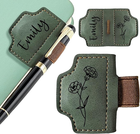 EDSG Personalized Magnetic Bookmark, Engraved Leather Bookmark Clip with Pen Holder, Laser Engraved Book Marks with Birth Flower Mothers Bookmarks Gifts for Men Women Teachers (Green-Magnetic V2)